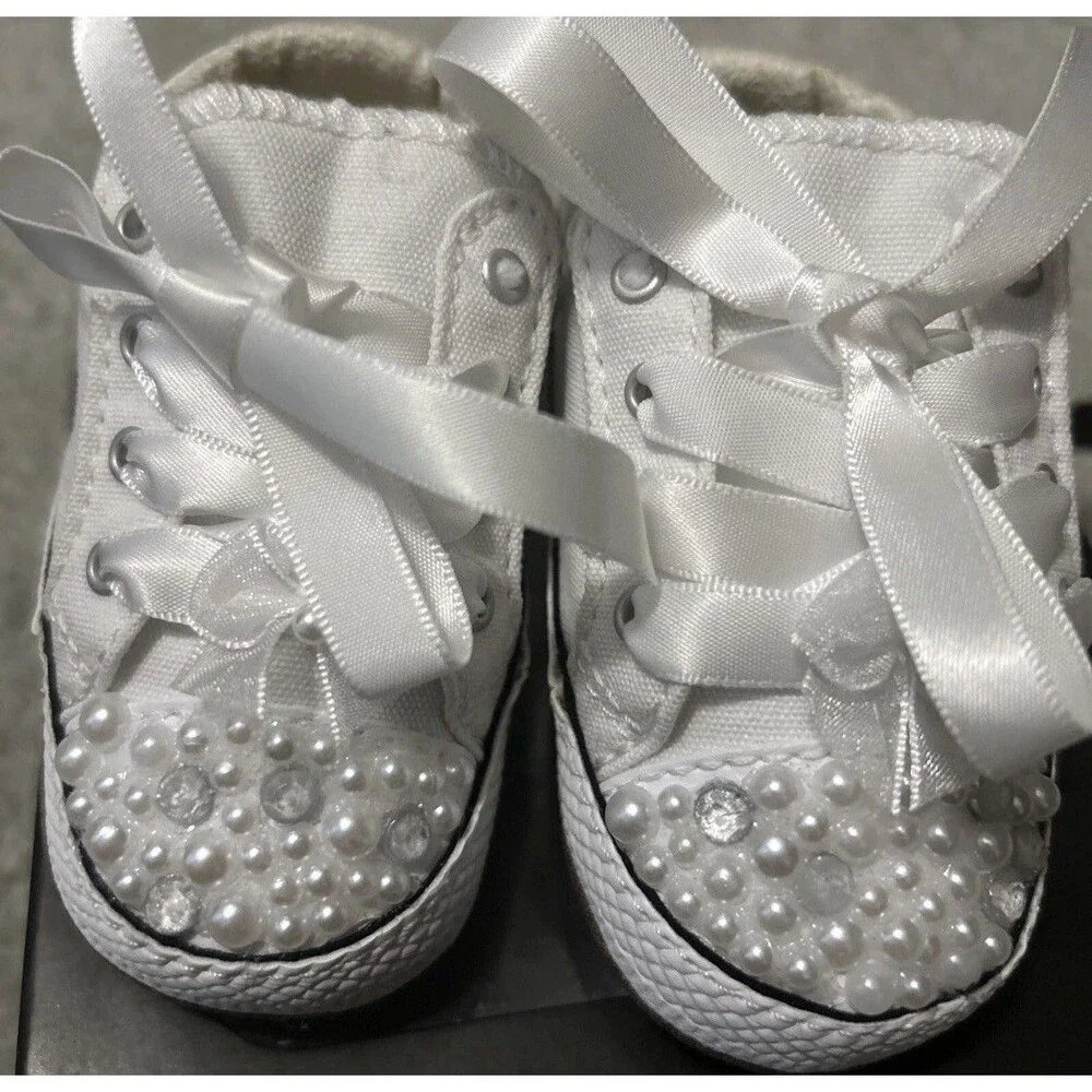 Converse Cribster Mid Size 2 Crib Custom Pearl Rhinestone Baby White Shoes